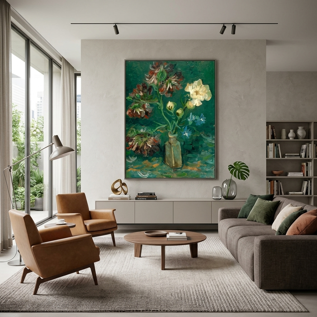 Reproduktions-Vase mit Vergissmeinnicht und Pfingstrosen, Van Gogh-Reproduktion, Kunstdruck auf Leinwand