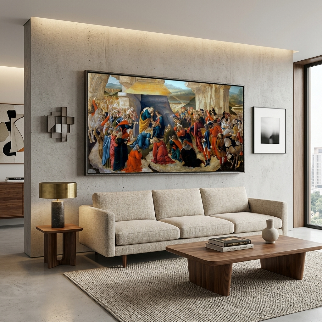 Reproduktion von Botticellis Anbetung der Heiligen Drei Könige, Reproduktion, Kunstdruck auf Leinwand
