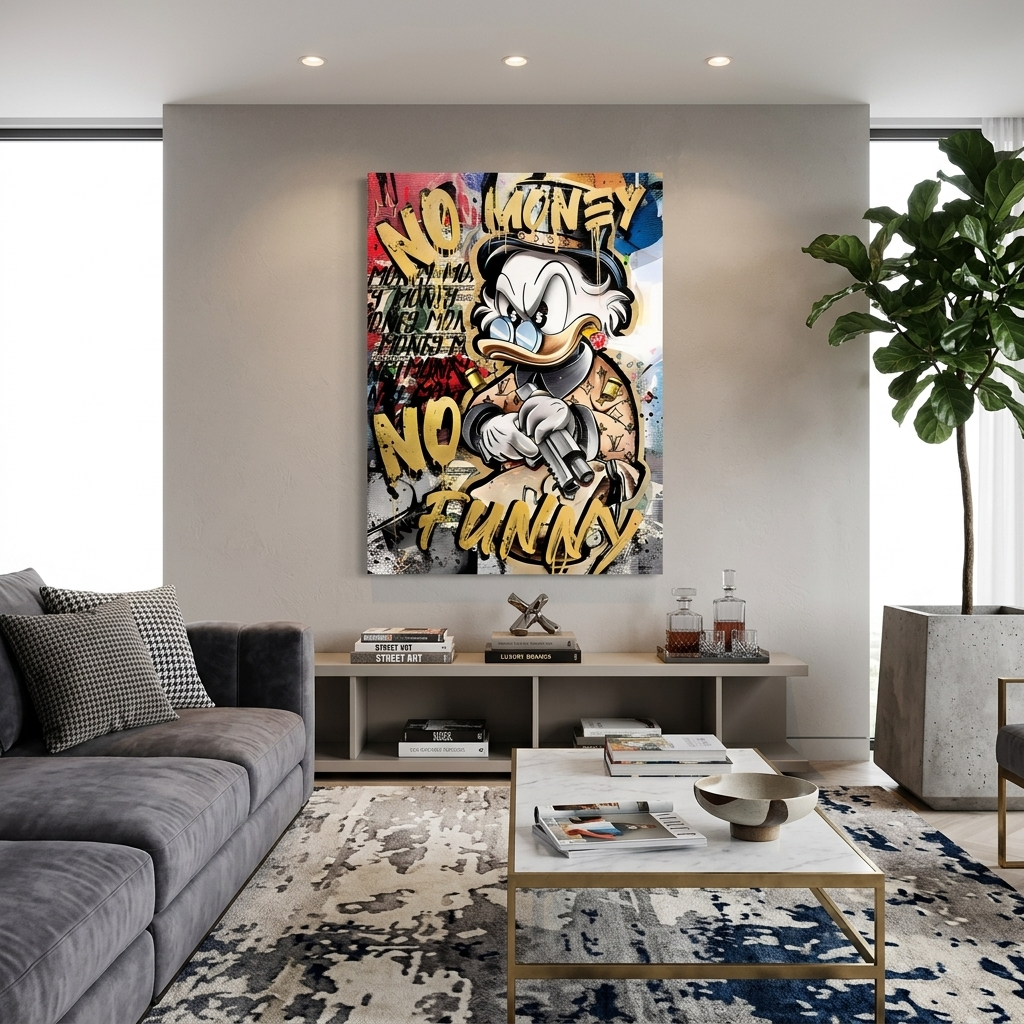 Scrooge imitiert eine Graffiti-Zeichnung. Inspirierender Kunstdruck auf Leinwand.