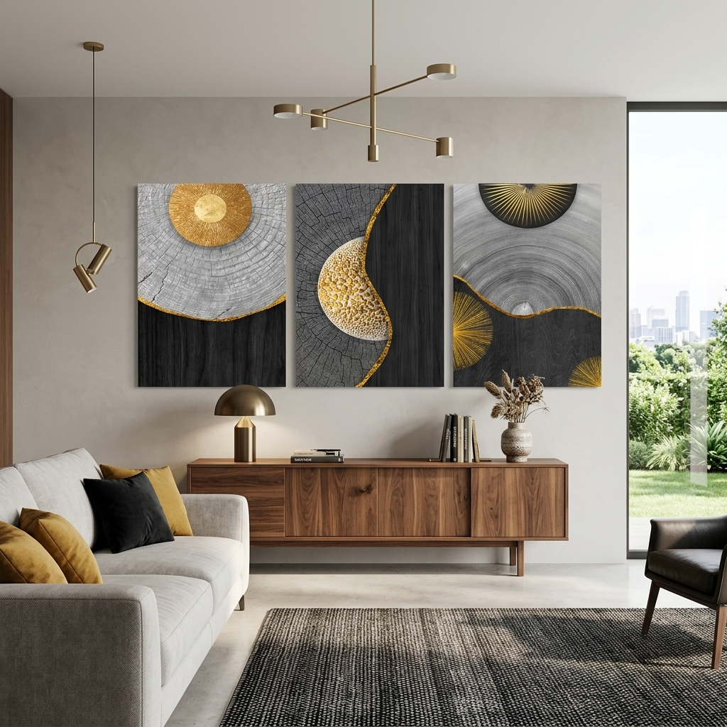 Modularer dreiteiliger Kunstdruck auf Leinwand, mehrteilig, aus schwarzem und grauem Holz