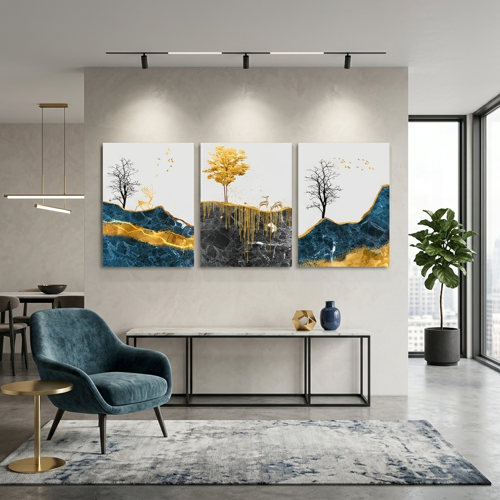 Modularer abstrakter Hirschgang mit ausgeprägter goldener Farbe, mehrteiliger Kunstdruck auf Leinwand