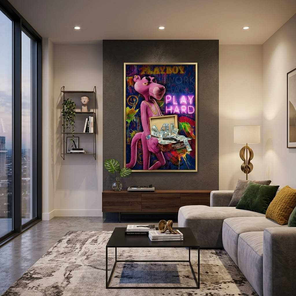 Pink Panther spielt für Erwachsene. Motivierender Kunstdruck auf Leinwand