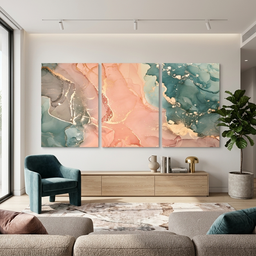 Modularer abstrakter mehrteiliger Kunstdruck auf Leinwand in Pudergrün