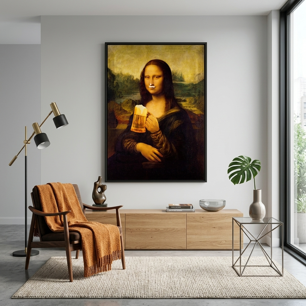 Mona Lisa with beer Canvas Wall Art Print