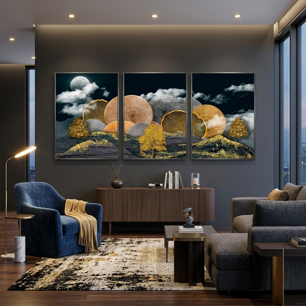 Modularer abstrakter Baum in Gold, mehrteiliger Leinwand-Kunstdruck
