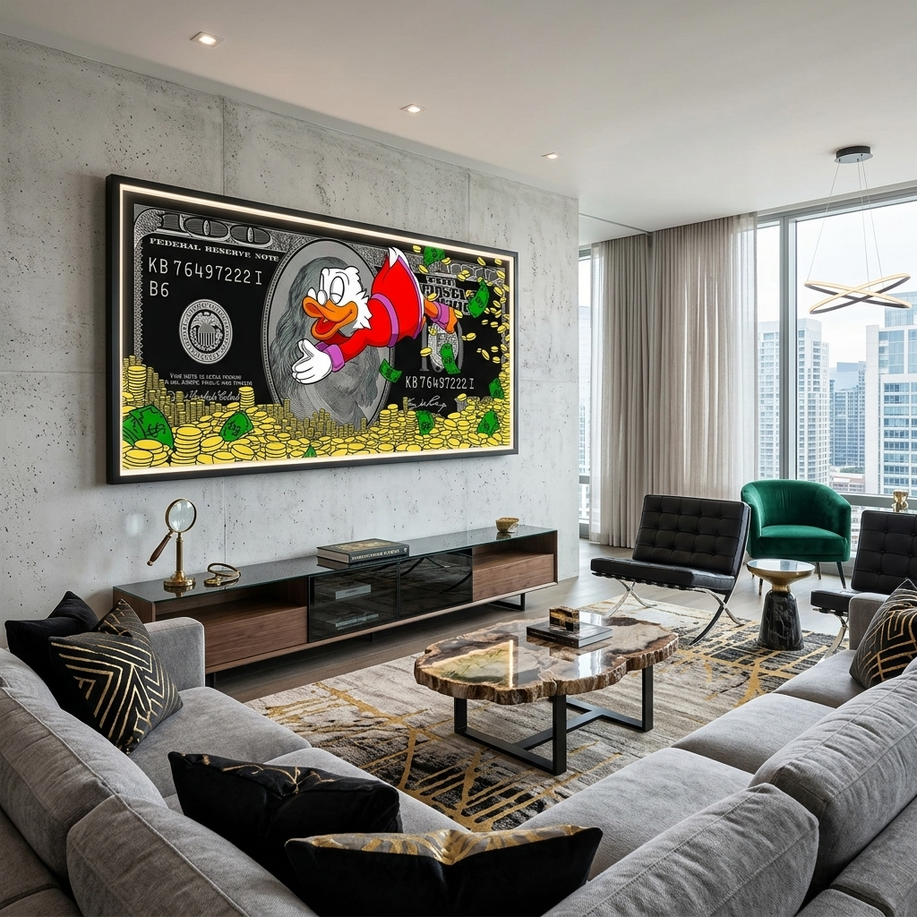 Skrooge taucht in den Gelddollar ein. Inspirierender Kunstdruck auf Leinwand.