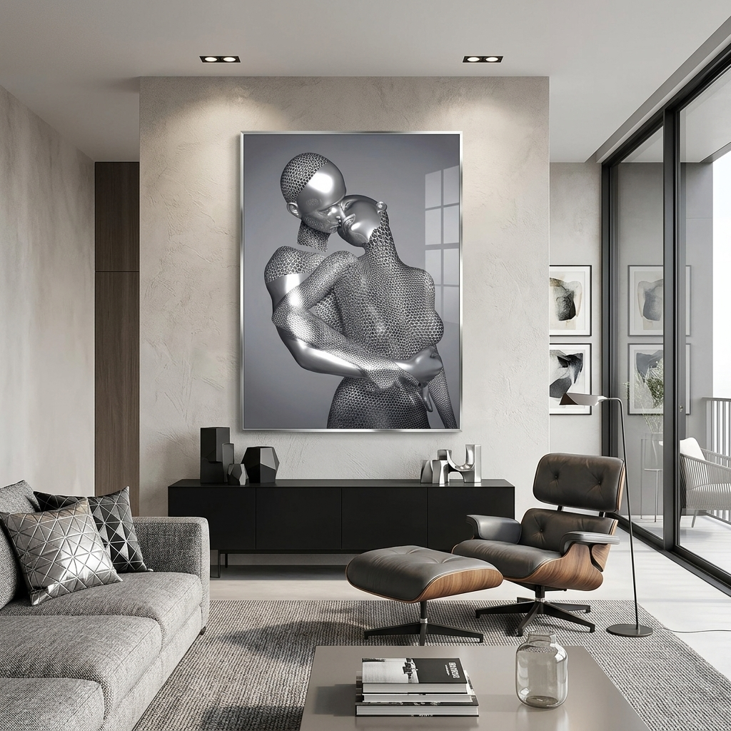 Silberne Statuen auf grauem Hintergrund Leinwand Wand Kunstdruck