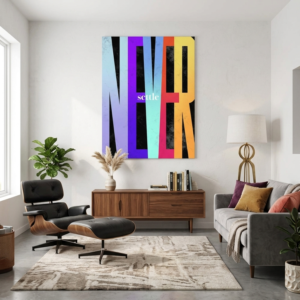 Um zu motivieren, geben Sie sich nie zufrieden, motivierender Kunstdruck auf Leinwand, Wanddekoration