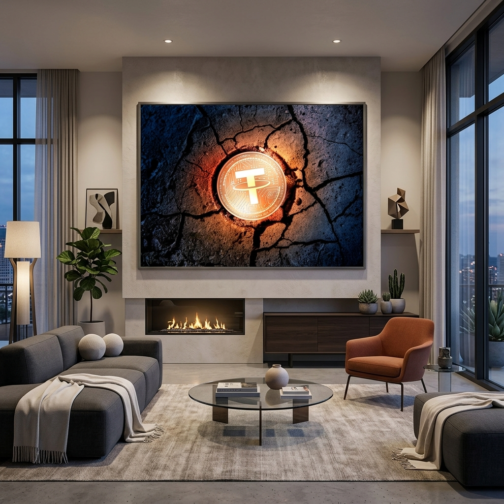 Tether USDT Goldmünze auf dem Boden Inspirierender Leinwand-Kunstdruck