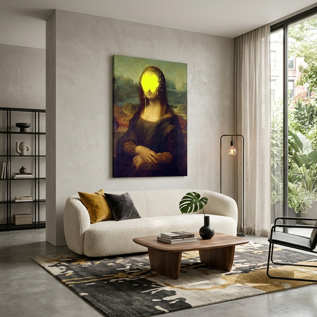 Kunstdruck auf Leinwand, Mona Lisa mit gelber Farbe im Gesicht