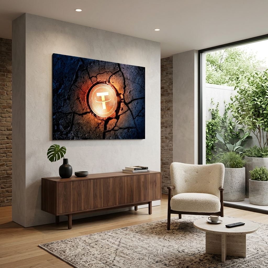 Tether USDT Goldmünze auf dem Boden Inspirierender Leinwand-Kunstdruck