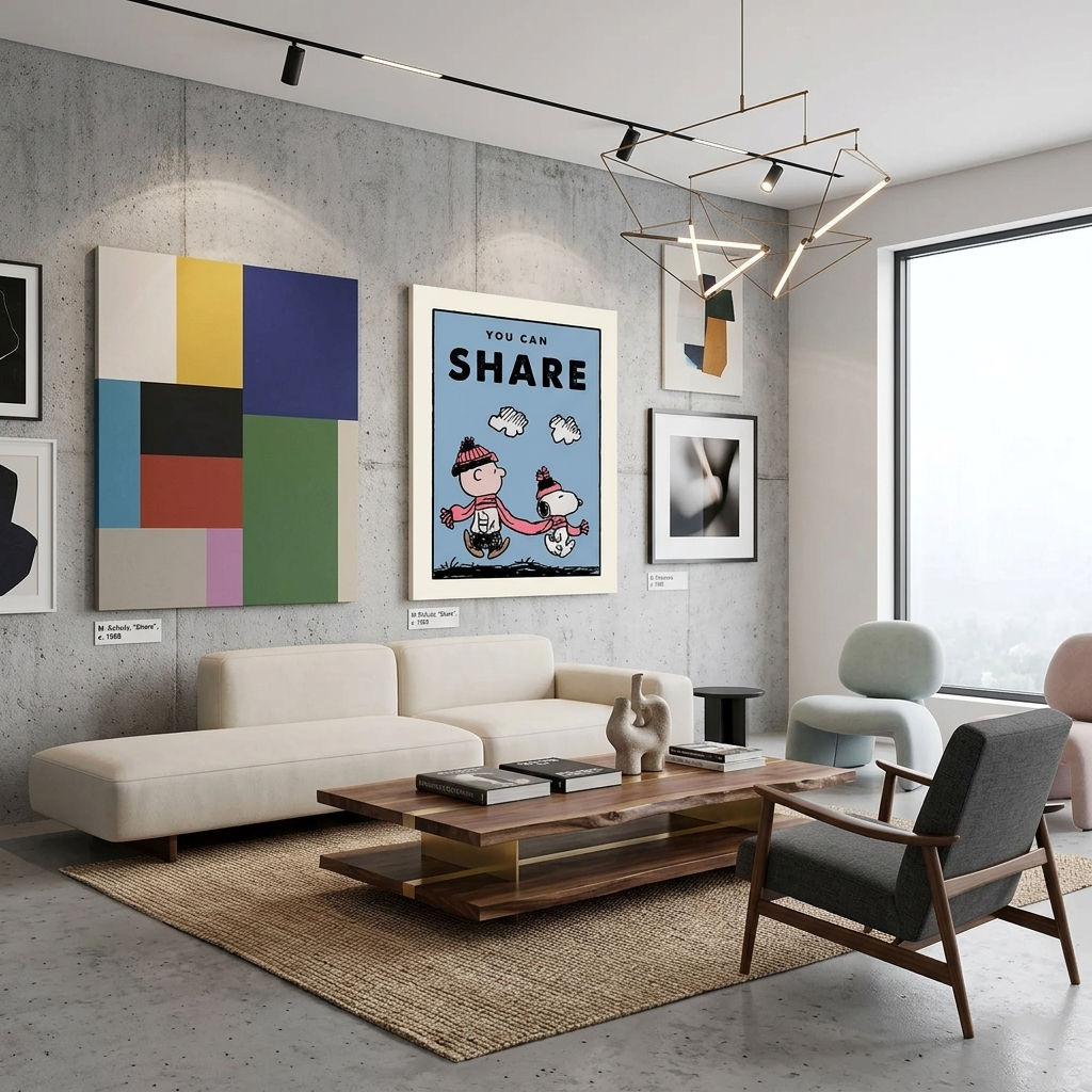 Ein Junge und ein Hund gehen mit einem Schild darauf spazieren. Motivierender Kunstdruck auf Leinwand.