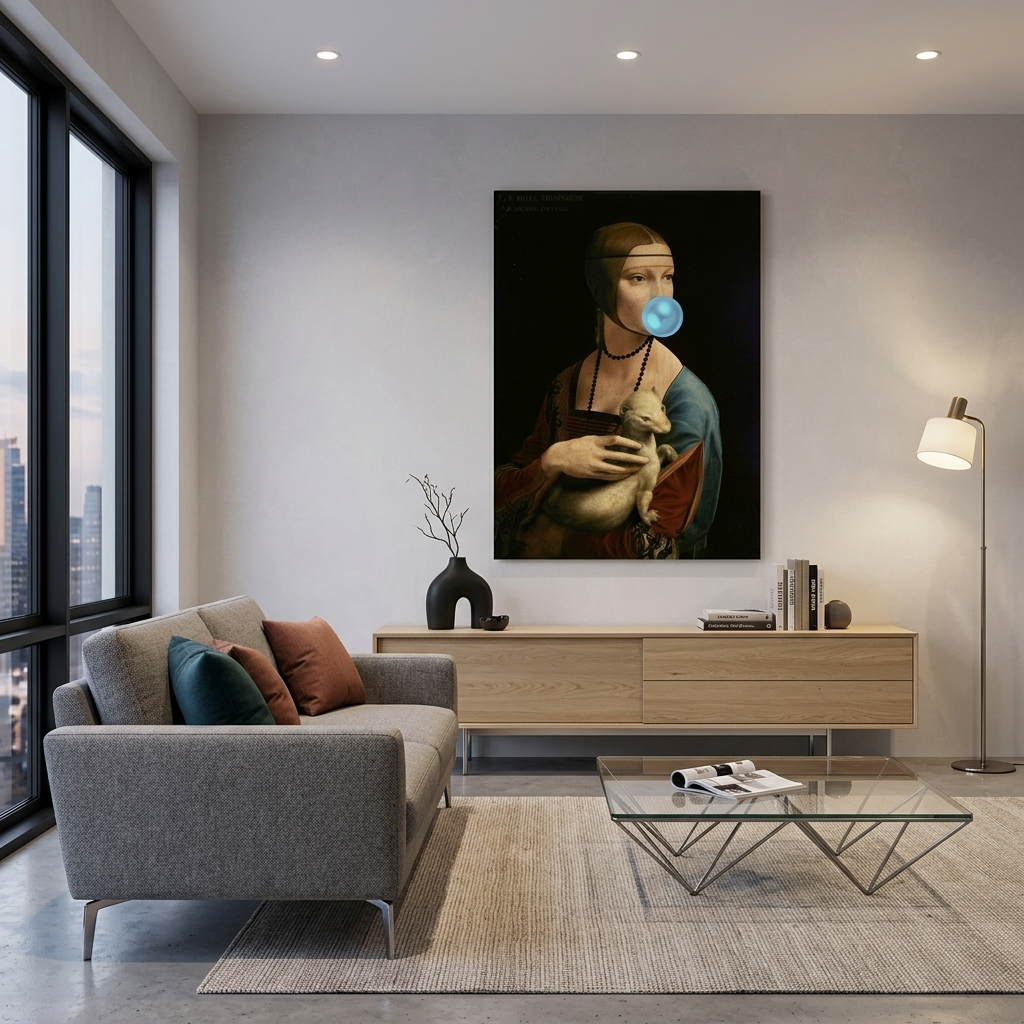 Kunstdruck auf Leinwand, Dame mit Hermelin und blauem Gummi