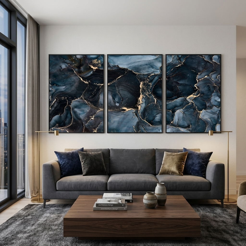 Modulare Abstraktion in dunklen Blau- und Goldtönen, mehrteiliger Kunstdruck auf Leinwand