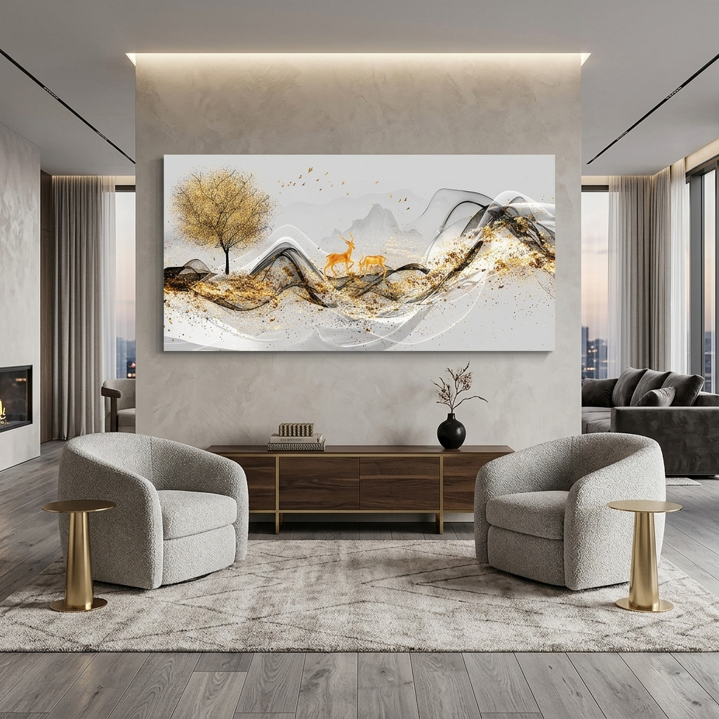 Zwei Hirsche in der Nähe eines Baumes mit einem Berg im Hintergrund Abstraktion Leinwand Wand Kunstdruck