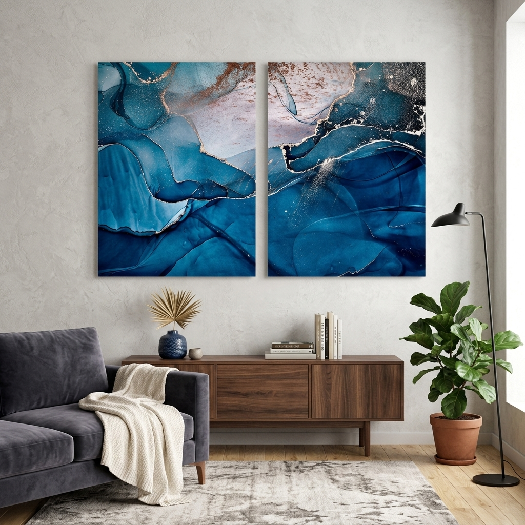 Modularer blau-grauer Abstraktions-Kunstdruck auf Leinwand, mehrere Teile