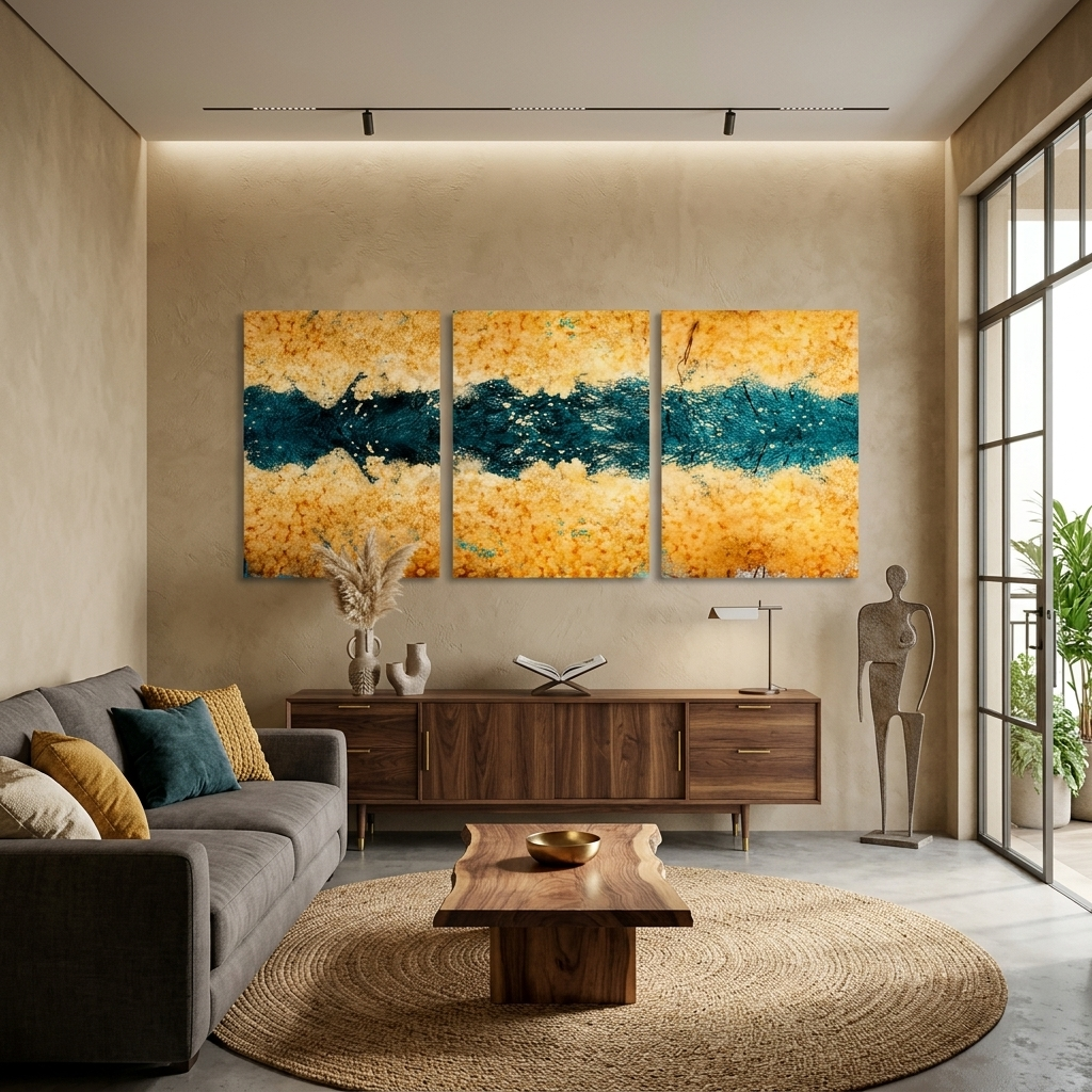 Modularer, goldener, abstrakter Kunstdruck mit dunkelgrünen Blumen, mehrere Teile auf Leinwand