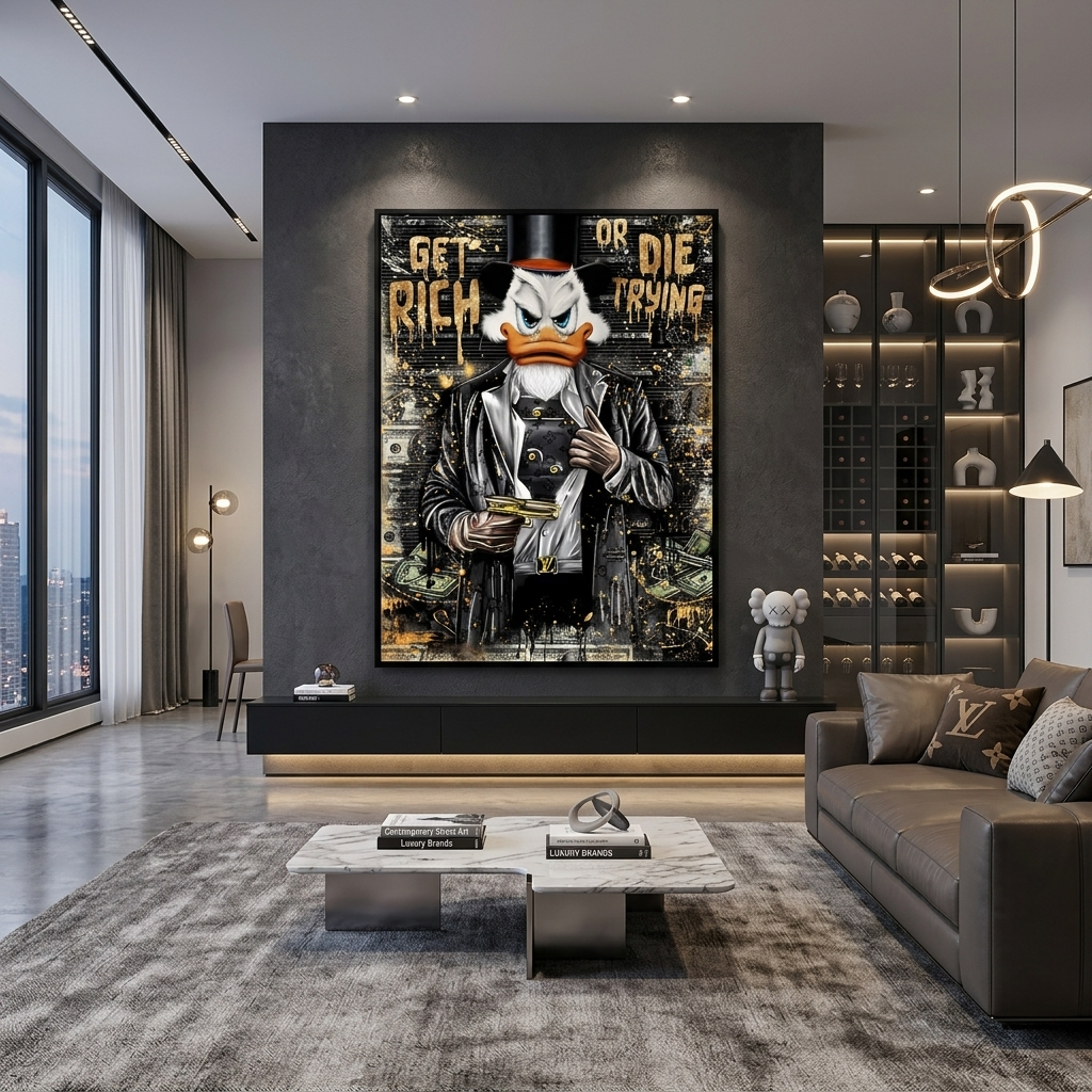 Dagobert Duck mit Pistole in gepanzerter Weste, inspirierender Kunstdruck auf Leinwand