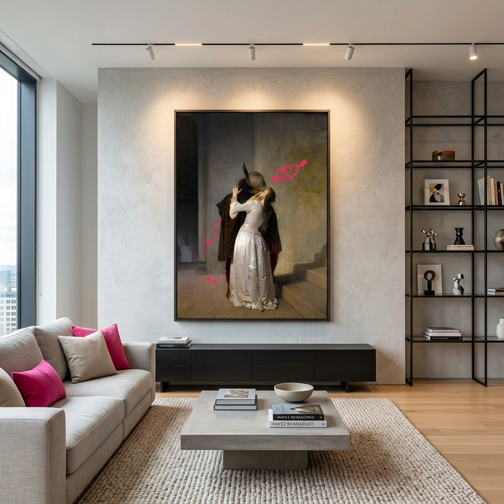 Leinwandbild Kiss von F. Ayets mit rosa Herzen