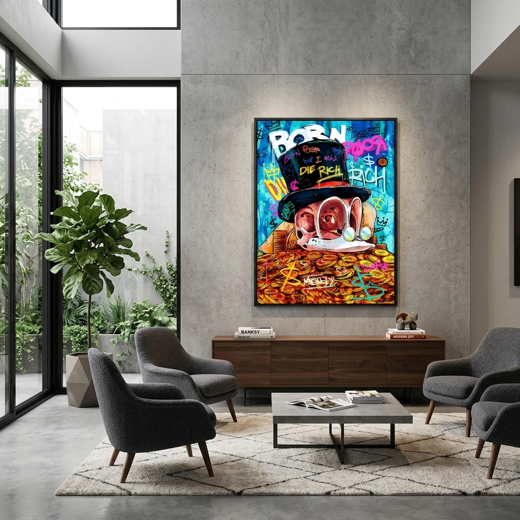 Dagoberts Totenkopf auf einem Haufen Goldmünzen. Inspirierender Kunstdruck auf Leinwand.