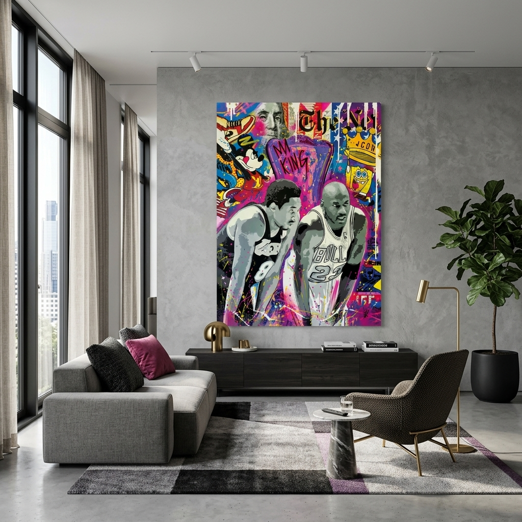 Graffiti-Kunstdruck auf Leinwand mit den Basketballspielern Michael Jordan und Kobe Bryant