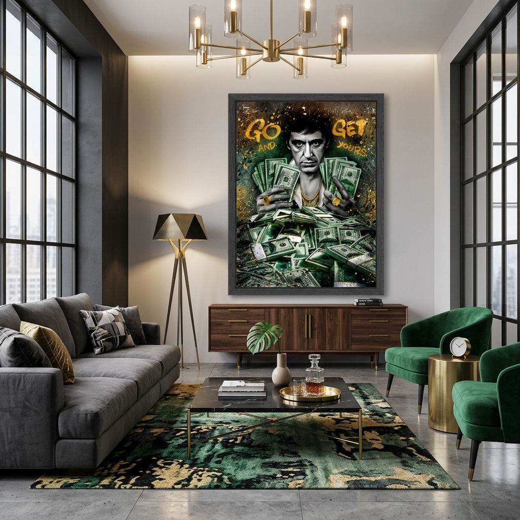 Ein Mann mit Dollars Inspirierender Kunstdruck auf Leinwand