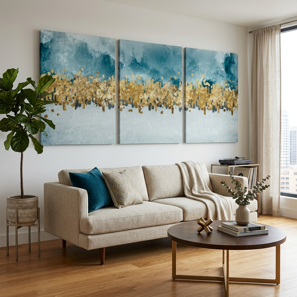 Modularer blau-grauer abstrakter Kunstdruck mit goldenen Elementen, mehrere Teile auf Leinwand