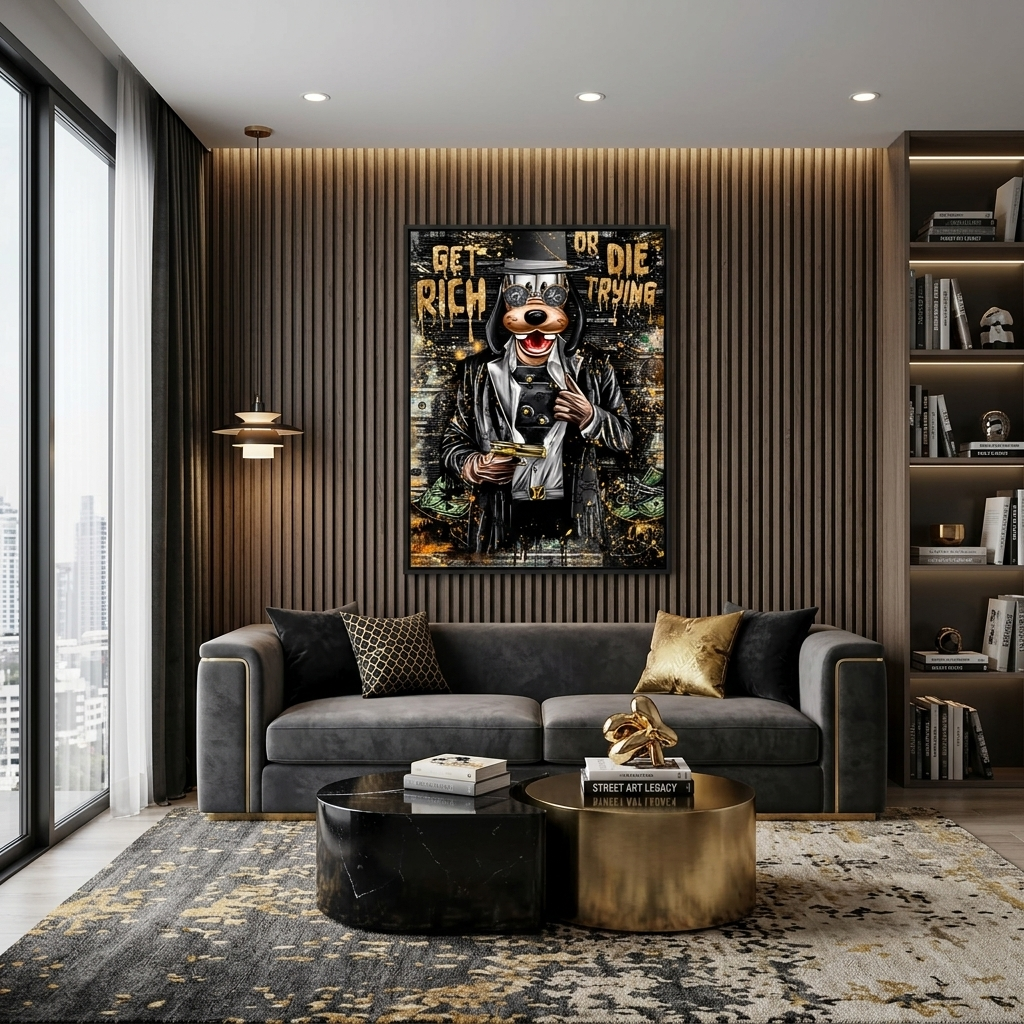 Kunstdruck auf Leinwand mit einem Cartoon-Hund mit einer goldenen Pistole
