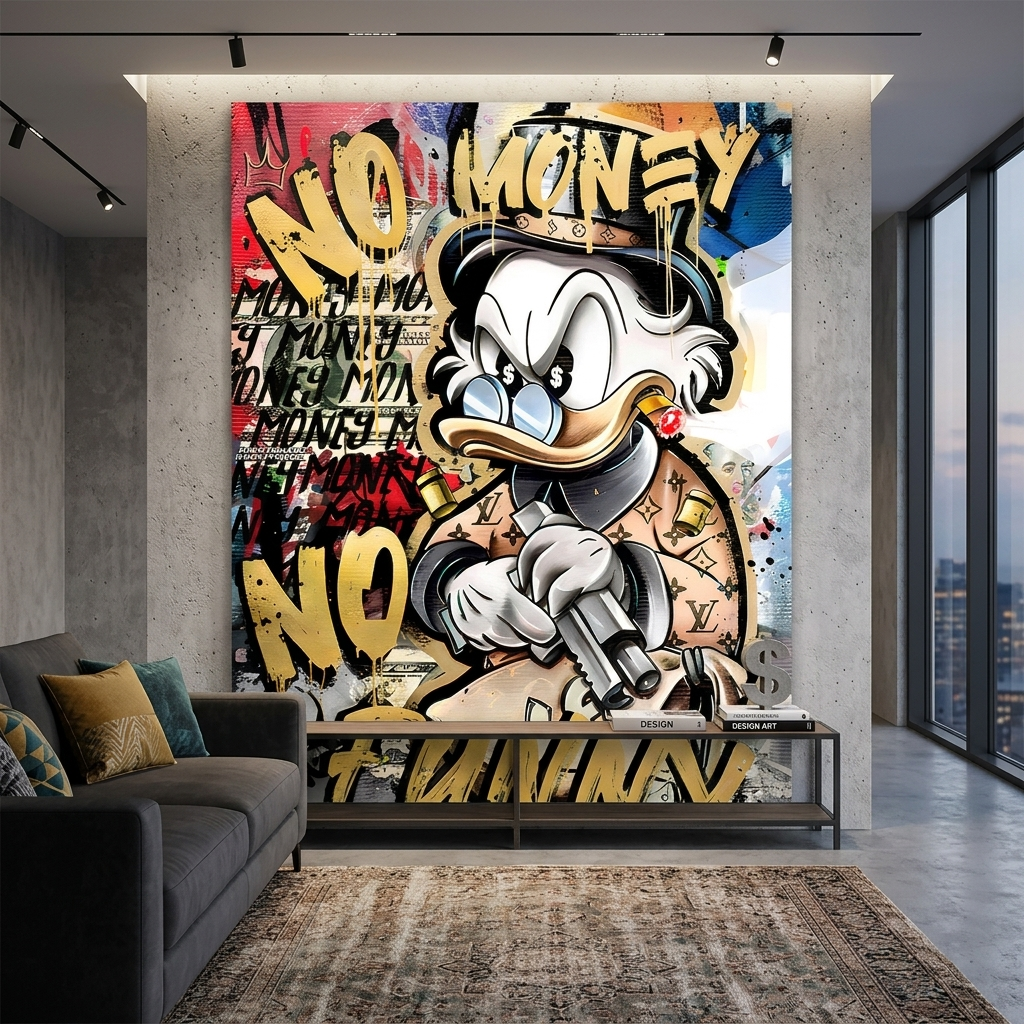 Scrooge imitiert eine Graffiti-Zeichnung. Inspirierender Kunstdruck auf Leinwand.