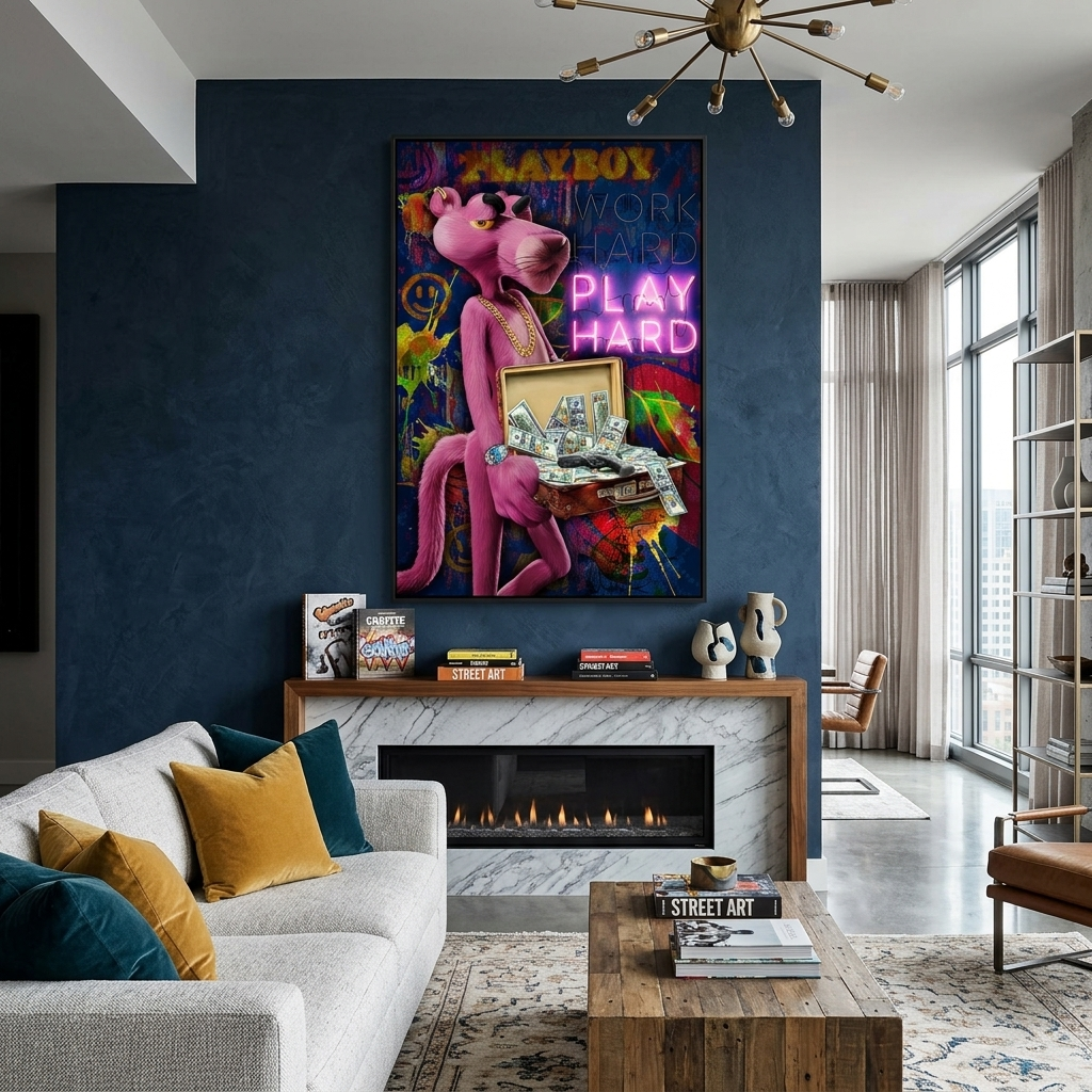 Pink Panther spielt für Erwachsene. Motivierender Kunstdruck auf Leinwand