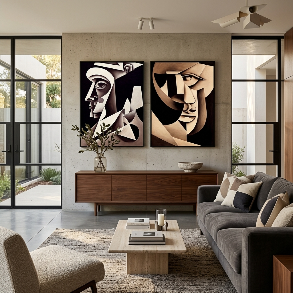 Modulares 2-teiliges Diptychon „Zwei Porträts, abstrakter Kubismus“, mehrteiliger Kunstdruck auf Leinwand