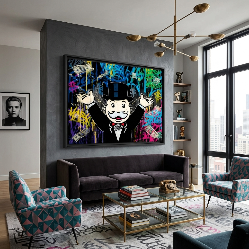 Kunstdruck auf Leinwand mit dem Motiv „Alec Monopoly“ im Hintergrund des Geld-Graffiti
