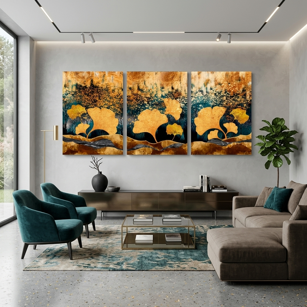 Modularer, abstrakter Kunstdruck auf Leinwand, mehrere Teile, Gelbgold