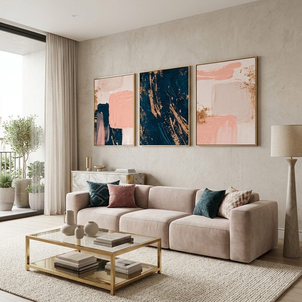 Modularer, puderblauer, mehrteiliger Kunstdruck auf Leinwand