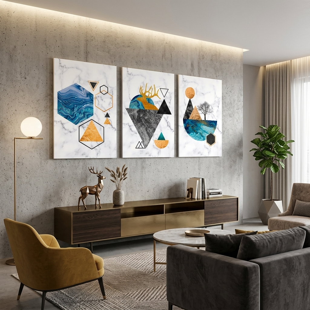 Modulare Figuren auf einem Marmorhintergrund, mehrteiliger Kunstdruck auf Leinwand
