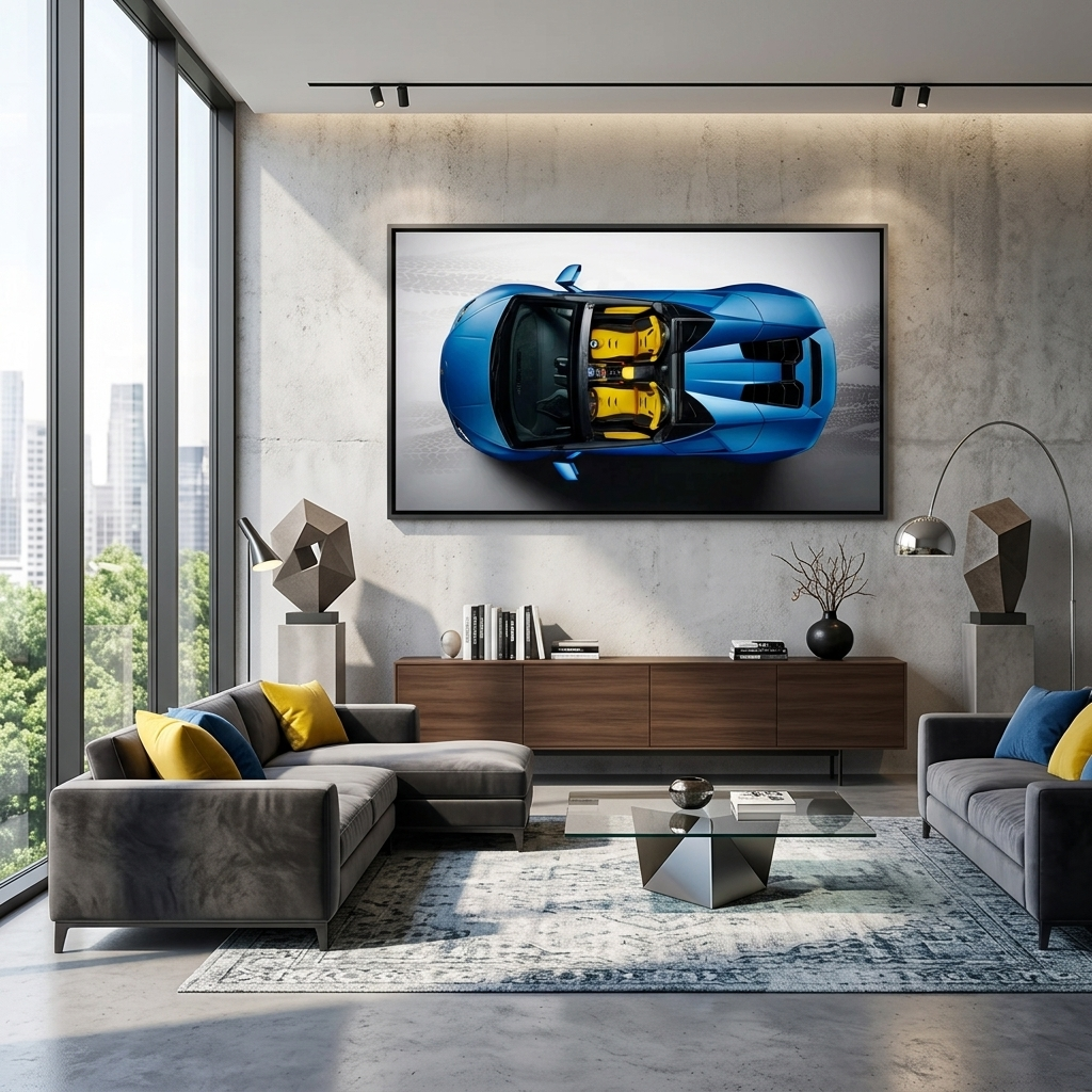 Leinwandbild „Auto blau mit gelbem Lamborghini“
