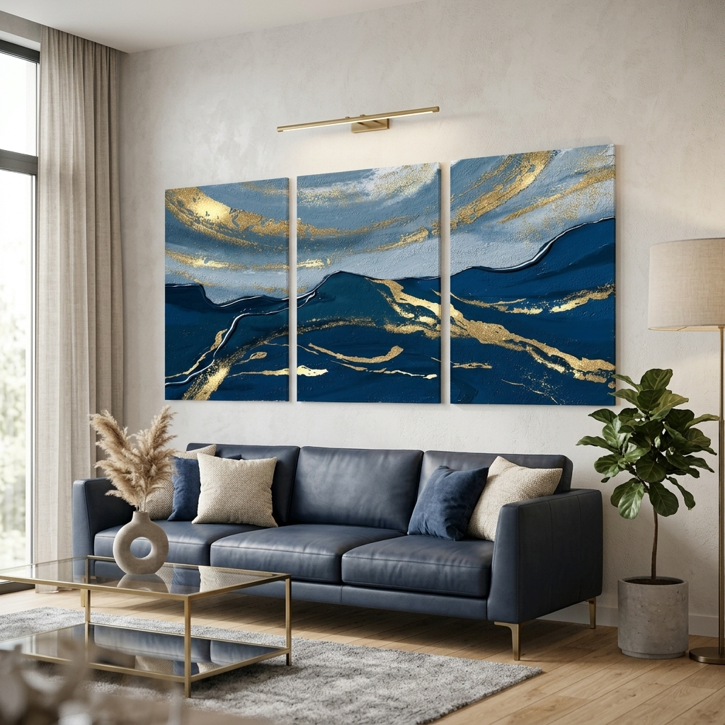 Modularer, abstrakter, tiefblauer, mehrteiliger Kunstdruck auf Leinwand
