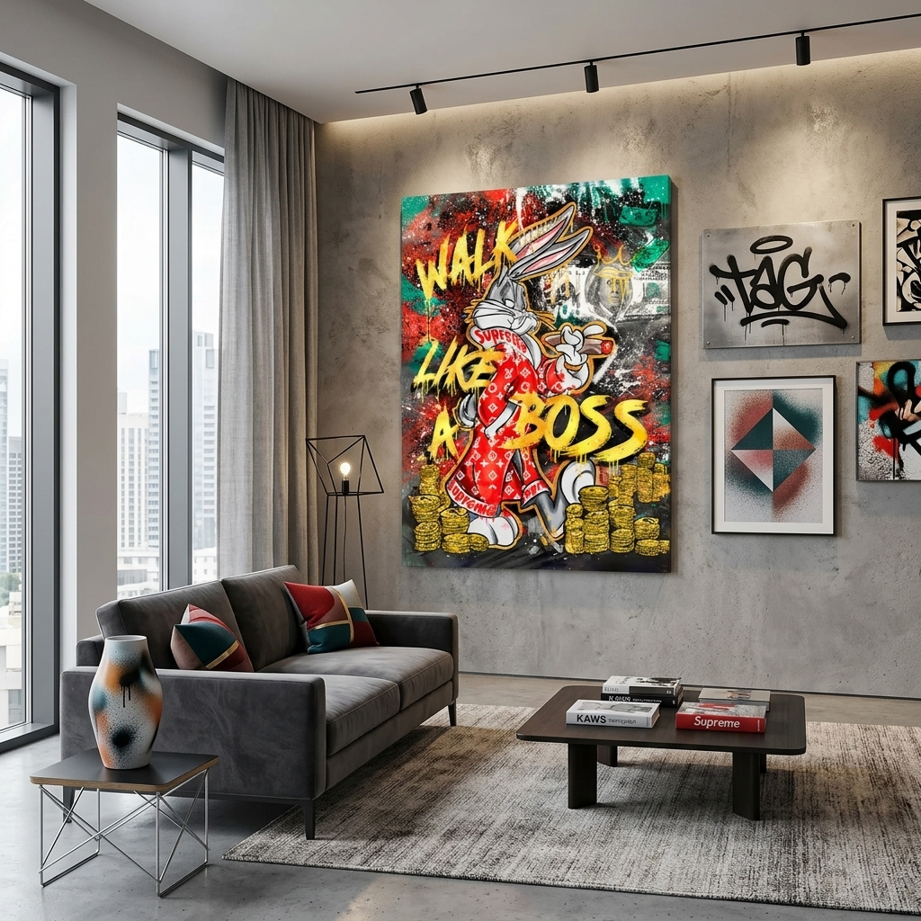 Kunstdruck auf Leinwand, Motiv: Hase mit Zigarre vor einem Hintergrund aus Dollar- und Goldmünzen