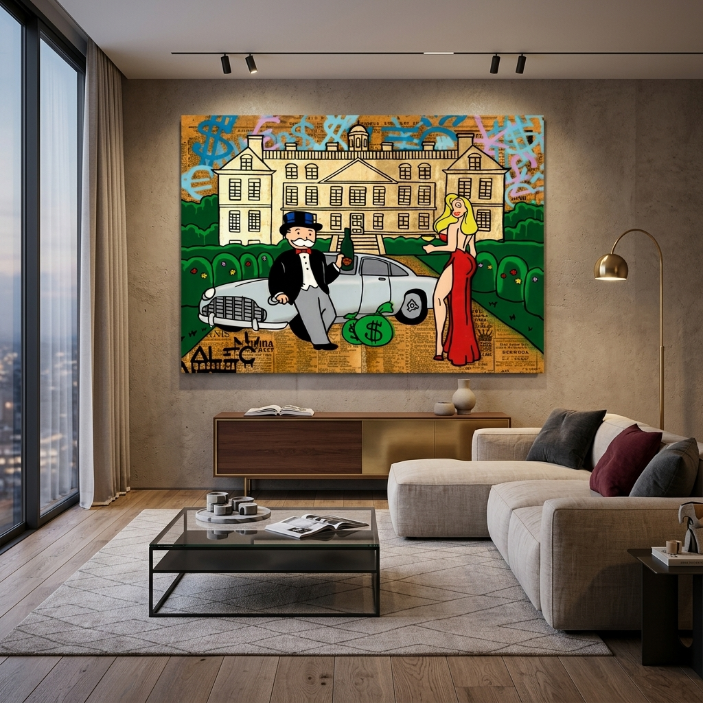 Das Mädchen und Alec Monopoly im Hintergrund des Autos und des Hauses Leinwandbild
