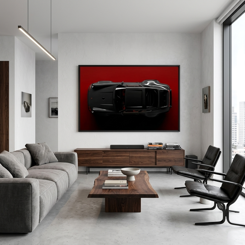 Сar dark gray Porsche 911 on red background Canvas Wall Art Print