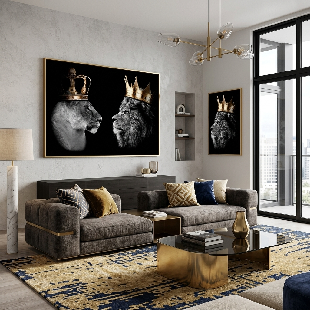 König der Löwen und Königin der Löwen auf schwarzem Hintergrund. Motivierender Kunstdruck auf Leinwand.