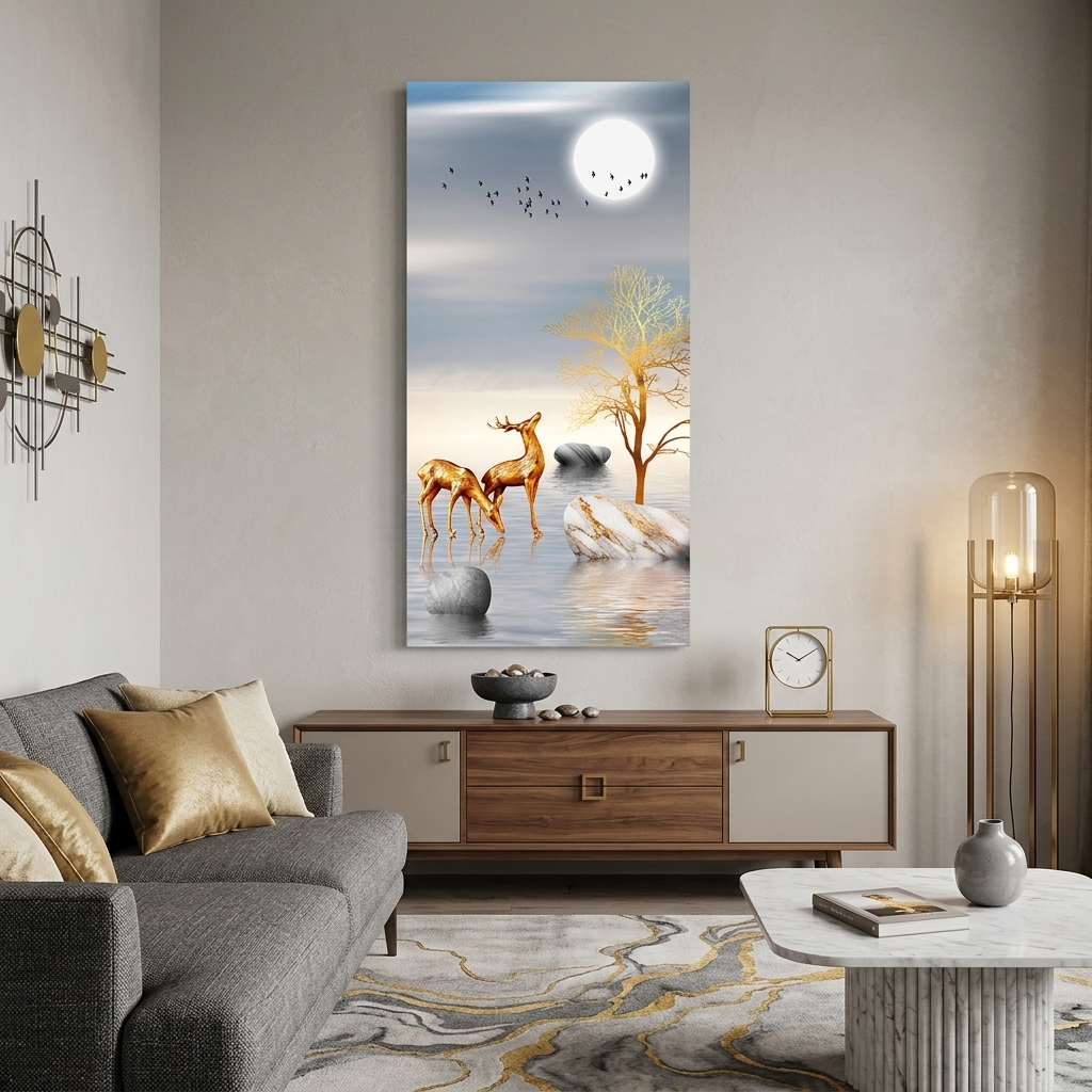 Drei Steine, zwei Hirsche, zwei Vögel und der Mond, abstrakter Kunstdruck auf Leinwand