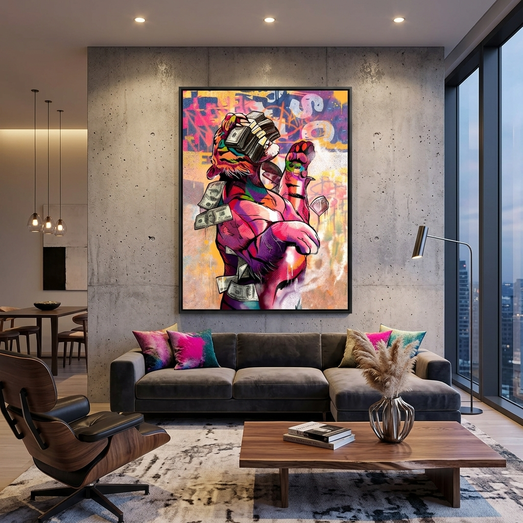 Der Tiger und das Geld – motivierender Kunstdruck auf Leinwand