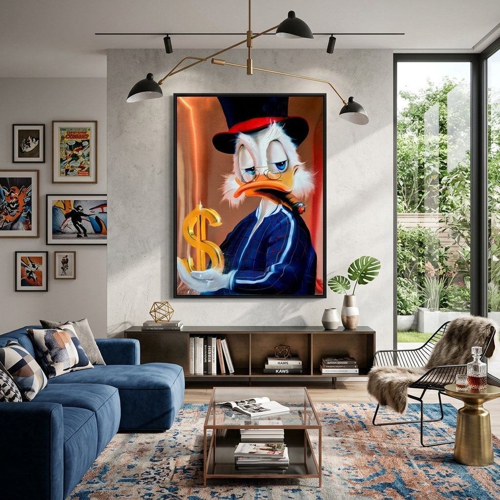 Scrooge im Trainingsanzug mit einem Dollar Inspirierender Kunstdruck auf Leinwand