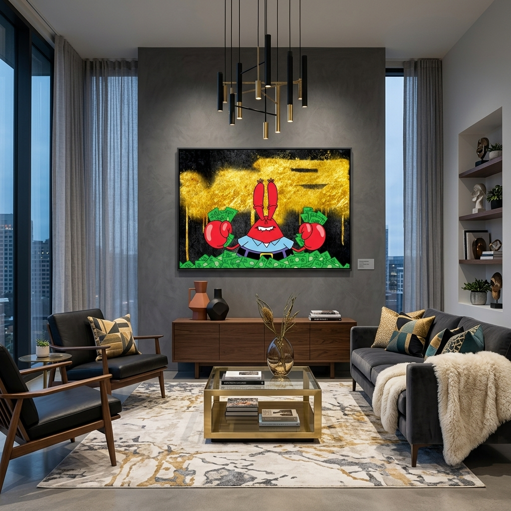 Mr. Krabs in a pile of money on a black and gold background Inspirational Canvas Wall Art Print