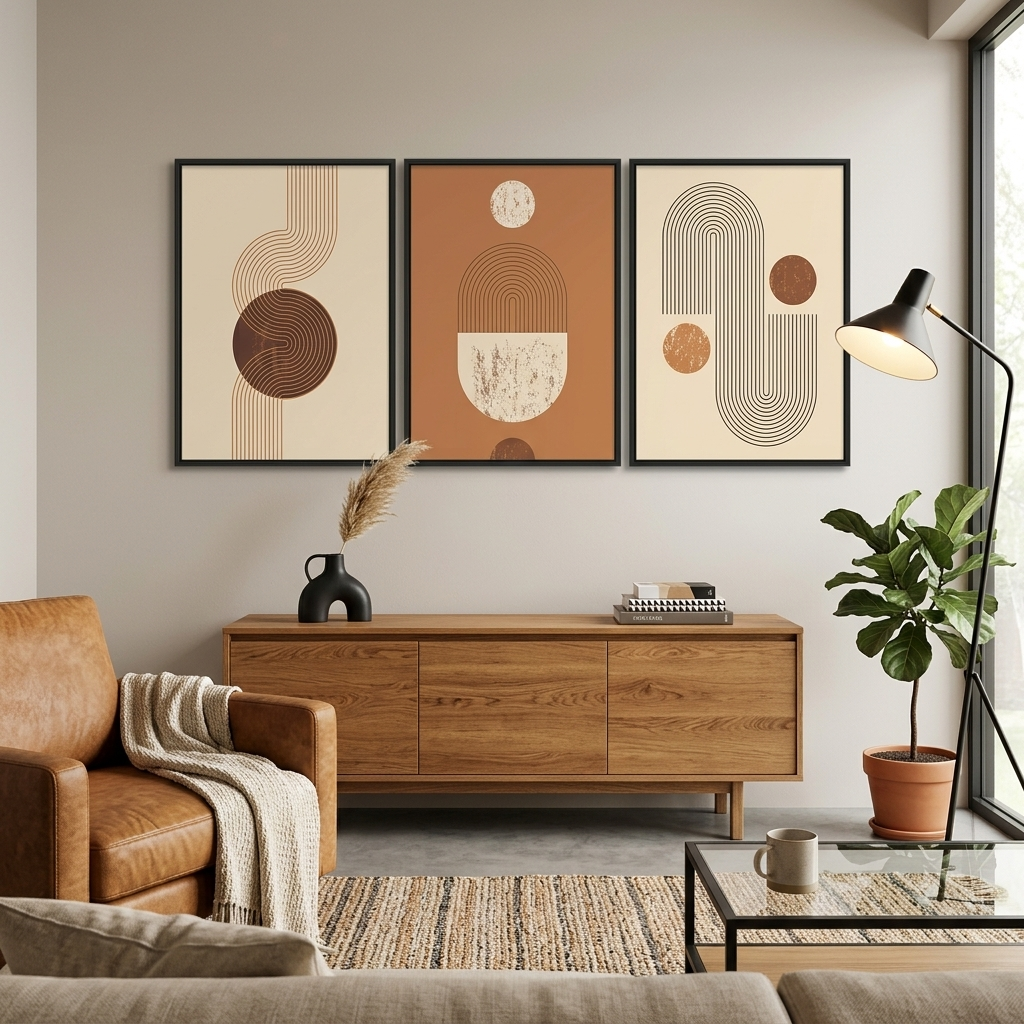 Modularer Kunstdruck auf Leinwand mit Figuren in Beige und Braun, mehrere Teile