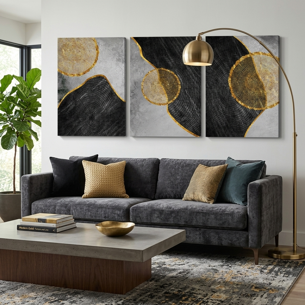 Modularer Kunstdruck auf Leinwand, geometrische Abstraktion mit goldenem Figurenrand, mehrere Teile