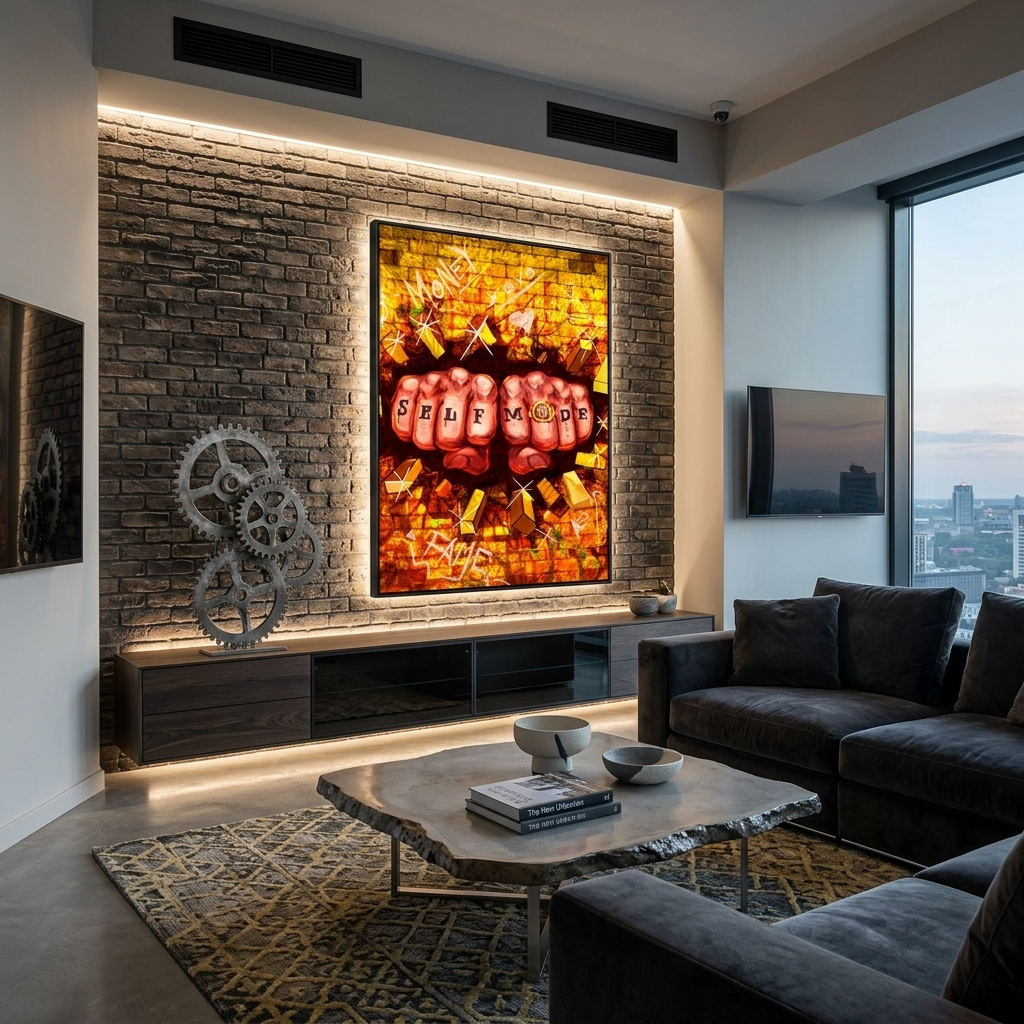 Zwei Fäuste und eine goldene Wand Motivierender Kunstdruck auf Leinwand
