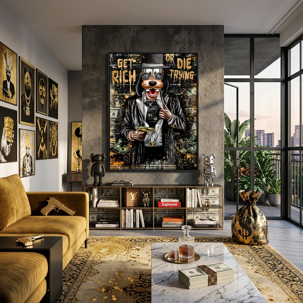 Kunstdruck auf Leinwand mit einem Cartoon-Hund mit einer goldenen Pistole