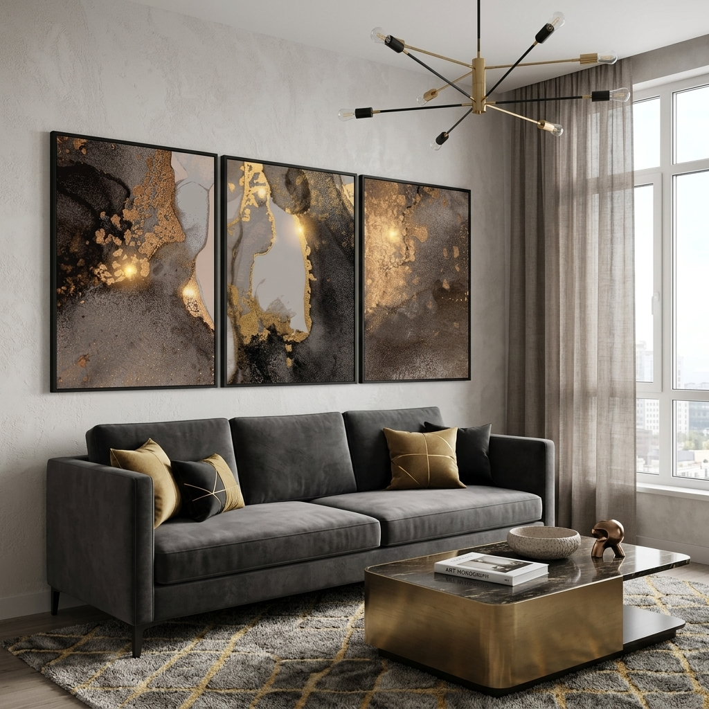 Modularer abstrakter Kunstdruck auf Leinwand, mehrere Teile, grau-gold